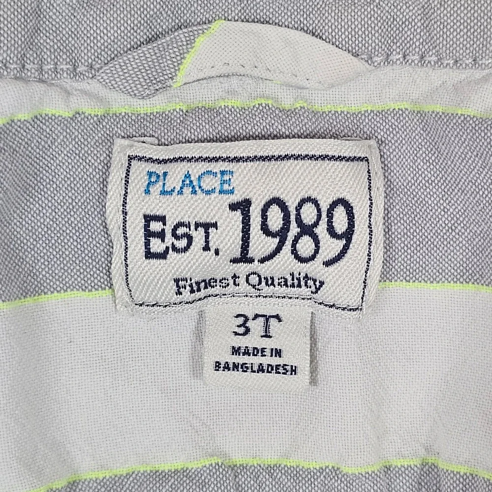 The Childrens Place Boys 3T Striped Button Up Shirt Grey Neon YellowShort Sleeve